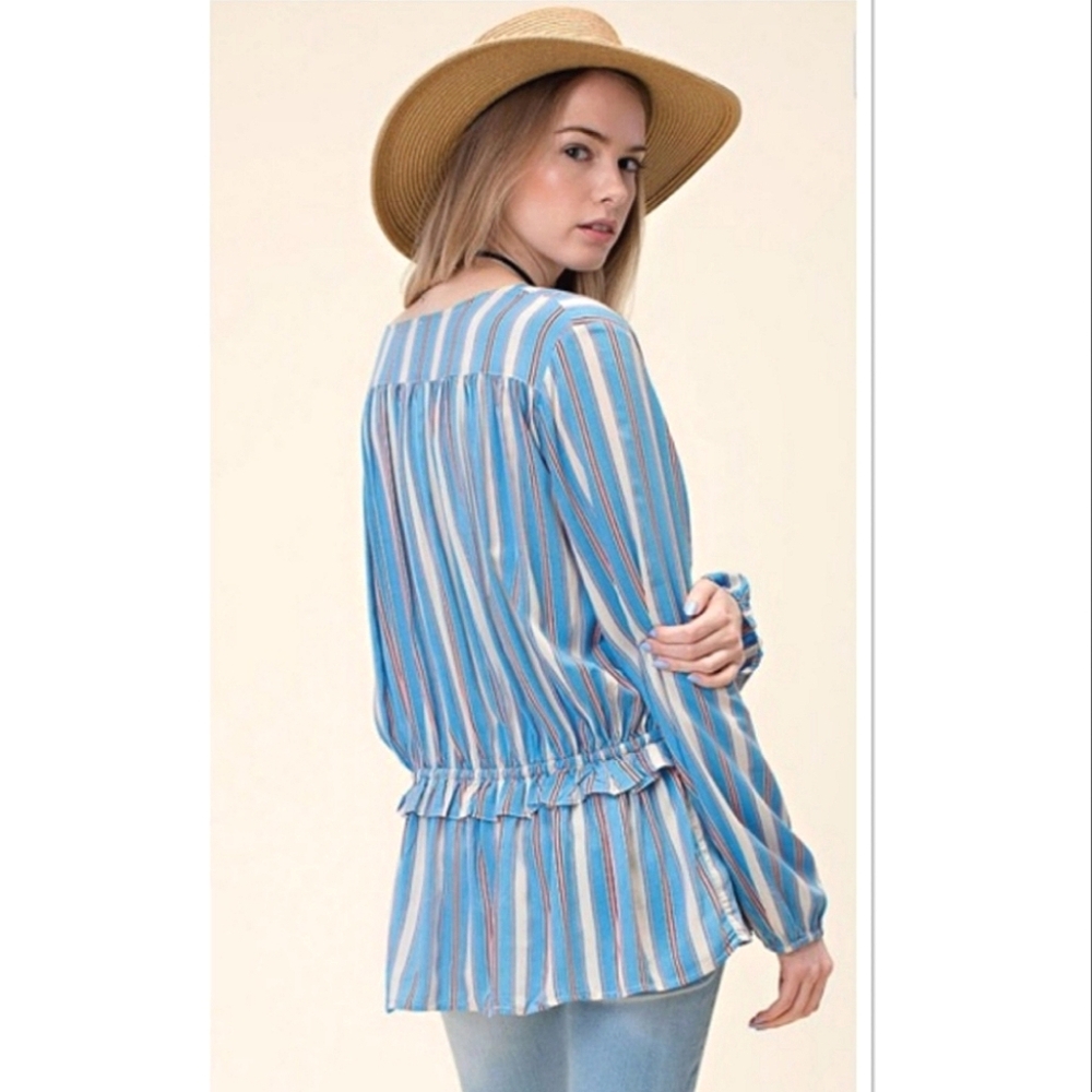 📣 Kori America Blue & Pink Striped Drawstring Waist Button-Down Top NWT Size L - Picture 2 of 12